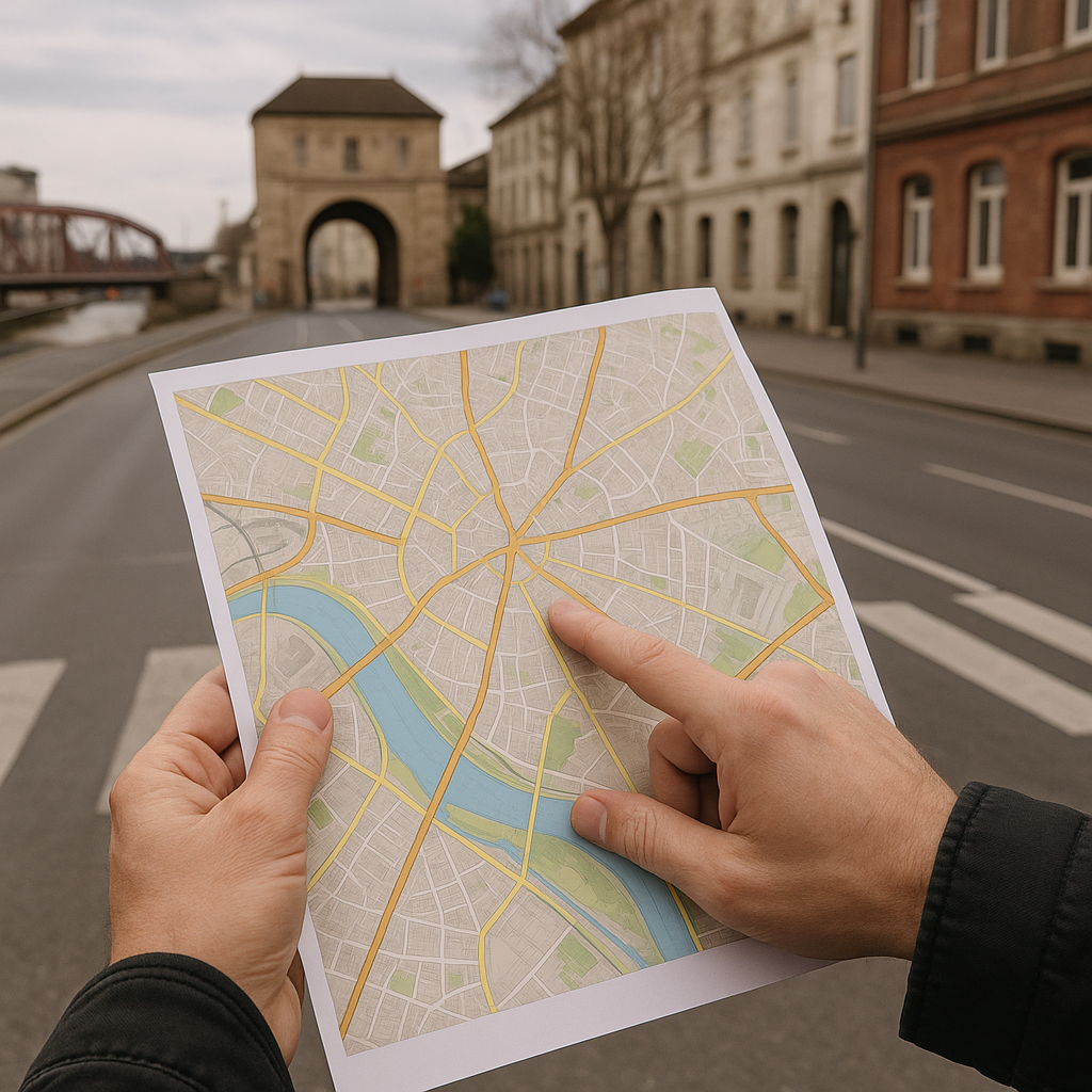 City streets that keep pointing at a border gate that no longer matters
