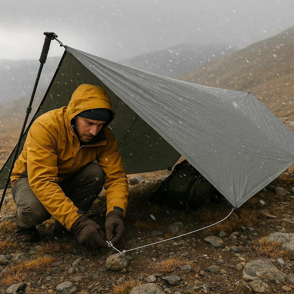 The tarp pitch I can do with numb fingers